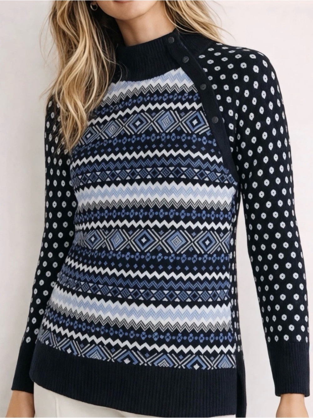 Talbots Fair Isle Navy, White & Light Blue Geometric Crewneck Sweater
